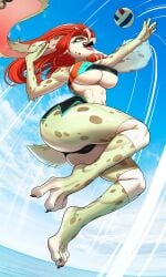 anthro ass ball biped bottomwear breasts clothed clothing eyelashes female fur hair hi_res kittellox_(artist) lagomorph leporid mammal markings open_mouth pupils rabbit red_hair smile spots spotted_body spotted_fur thick_thighs topwear volleyball_(ball)