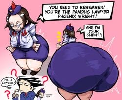 1boy 1girls ? absurd_res absurd_resolution absurdres ace_attorney ass ass_bigger_than_head ass_focus big_ass big_breasts big_butt black_eyes bottom_heavy breasts brown_hair bubble_ass bubble_butt clothed collared_shirt curvaceous curvy curvy_female curvy_figure dialogue dumptruck_ass dumptruck_butt english_text fat_ass female glasses gyakuten_saiban gyakuten_saiban_2 hi_res high_resolution highres huge_ass huge_butt large_ass large_breasts light-skinned_female light_skin maggey_byrde male medium_breasts medium_hair naruhodou_ryuuichi nasty_spaghjett phoenix_wright police police_officer police_uniform policewoman shirt short_hair shortstack simple_background skirt suzuki_mako tagme text thick_ass voluptuous voluptuous_female white_shirt