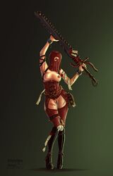 1girls adepta_sororitas bäckman_arts breasts chainsword corset cut female female_only hood imperium_of_man looking_at_viewer nipples posing purity_seal pussy scar scars sister_of_battle sister_repentia solo solo_female sword vagina warhammer_(franchise) warhammer_40k