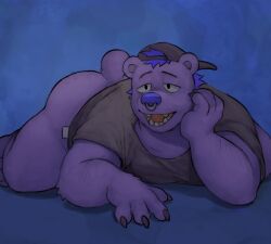 1boy arm_hair ass_up backwards_baseball_cap bear black_shirt bottomless claws gay glitter_trap_boy hairy_ass head_on_hand laying_on_floor male male_only nose_piercing open_mouth purple_body purple_hair purple_nose shirt_tag tired_eyes unknown_source