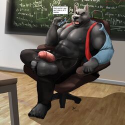 abs biceps big_muscles bin_(artist) black_nose canine classroom clothing erection fangs fur green_eyes grey_fur humanoid_penis looking_at_viewer male male_only mammal muscular necktie nipples one_eye_closed open_clothes open_mouth open_pants open_shirt pants pecs penis precum shirt sitting solo teacher teeth text tongue unzipped vein wolf