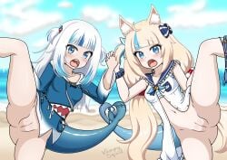 2boys 2girls beach blonde_hair cat_ears clothing cum cum_in_pussy cum_in_pussy exhibitionism female female_focus fish fish_girl fish_tail fishgirl foursome gawr_gura hololive hololive_english hololive_myth long_hair penis public public_nudity public_sex pussy sameko_saba sea seaside sex shark shark_tail sharp_teeth small_breasts vampy_squid virtual_youtuber vtuber white_hair