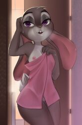 anthro areola bedroom_eyes breasts buckteeth countershade_face countershade_fur countershade_torso countershading digital_media_(artwork) disney door dripping female fur grey_body grey_fur head_tuft heart_eyes heart_symbol hi_res inside judy_hopps lagomorph leporid looking_at_viewer mammal narrowed_eyes nipple_piercing nipples one_breast_out piercing purple_eyes rabbit rin_tyan seductive shaded solo standing teeth towel towel_only tuft water_drop white_body white_fur zootopia