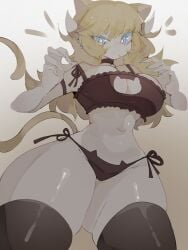 1girls big_breasts blonde_hair blue_eyes bowsette breasts cat_cutout cat_ears cat_lingerie cat_tail catgirl cleavage cleavage_cutout earrings female horns hoshoidk long_hair looking_at_viewer mario_(series) navel nintendo tagme thick_thighs thighhighs