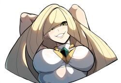 1girls aether_foundation ai_generated big_breasts blonde_hair breasts female lusamine_(pokemon) mature_female milf mullon novelai pokemon pokemon_sm seductive_smile smile