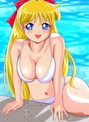 1990s_(style) 1girls alluring bikini bishoujo_senshi_sailor_moon blush breasts cleavage female_focus large_breasts minako_aino navel open_mouth pirochi pool retro_artstyle sailor_venus smile solo swimming_pool swimsuit water