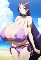 ai_generated beach big_breasts bikini bikini_bottom bikini_top breasts cleavage clouds collarbone curvy ebisuya_honpo fate/grand_order fate_(series) female heavy_breasts huge_breasts large_breasts mature_female milf minamoto_no_raikou_(fate) minamoto_no_raikou_(fate/grand_order) minamoto_no_raikou_(swimsuit_lancer) sky solo top_heavy