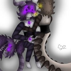 2d 4_fingers arm_wrapped_around_body black_screen_on_face blush centipede cheek_caress covered_face covered_nipples cyn_(murder_drones) cynzi cyzzaer fluffy_tail heart_shape horns imminent_cuddling murder_drones purple_eyes purple_hair sharp_teeth short_hair sitting smiling surprised_expression tail uzi_(murder_drones) yellow_eyes yuri