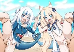 2boys 2girls beach blonde_hair cat_ears clothing cum cum_in_pussy cum_in_pussy exhibitionism female female_focus fish fish_girl fish_tail fishgirl foursome gawr_gura hololive hololive_english hololive_myth long_hair penis public public_nudity public_sex pussy sameko_saba sea seaside sex shark shark_tail sharp_teeth small_breasts vampy_squid virtual_youtuber vtuber white_hair