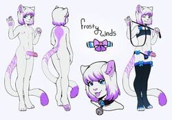 2015 anthro ass balls bell bell_collar biting_lip blue_eyes bust_portrait clothing collar digitigrade erection feline front_view frostywinds fur girly hair heart humanoid_penis leash legwear looking_at_viewer male mammal model_sheet monamoo multicolored_fur multicolored_hair nipples nude one_eye_closed panties pawpads penis penis_bow purple_fur purple_hair purple_tongue rear_view shirt short_shirt simple_background smile solo stockings tank_top thigh_highs tongue tongue_out two_tone_fur two_tone_hair underwear white_background white_fur white_hair wink