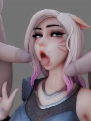 1girls 2boys 3d 3d_(artwork) ahe_gao ahegao ahri big_breasts blonde_hair egirl fox_ears fox_girl half-closed_eyes k/da_ahri kittyyevil league_of_legends light-skinned_female lipstick makeup red_lipstick surrounded_by_penises tongue_out v_sign