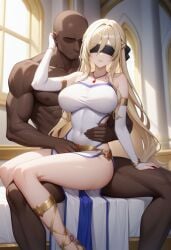 1girls ai_generated black_blindfold blindfold blonde_hair clothed dark-skinned_male dress female goblin_slayer large_breasts light-skinned_female nun sitting_on_person sword_maiden_(goblin_slayer) very_long_hair