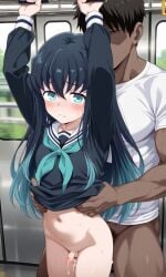 2boys ai_generated anal_sex black_and_blue_hair blue_eyes cum_drip demon_slayer faceless_male femboy femboy_penetrated feminine_male gay_sex implied_anal kimetsu_no_yaiba leaking_cum looking_at_viewer male/male molestation muichiro_tokitou public_sex questionable_consent rape shirt_lift small_penis smaller_penetrated sweetsavour teenager train yaoi young