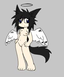 1girls 2024 2d acidneko black_hair blue_eyes breasts completely_nude completely_nude_female female female_only fox_ears grey_background halo navel nipples nude nude_female oc original_character pussy solo solo_female tail wings