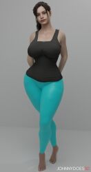 1female 1girls barefoot big_ass big_breasts blue_eyes blue_leggings blue_nails brown_hair claire_redfield claire_redfield_(jordan_mcewen) curvaceous_female curvy curvy_body curvy_female curvy_hips feet female foot_fetish hands_behind_back johnnydoes3d leggings ponytail posing posing_for_picture posing_for_the_viewer resident_evil_2 resident_evil_2_remake smile smiley_face thick thick_ass thick_butt thick_hips thick_legs thick_thighs white_background white_skin yoga_pants