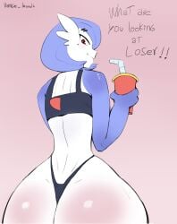 ass_focus big_ass blue_body blue_hair blue_skin bratty drinking eye_contact female_focus female_only gardevoir mole_under_eye pokemon pokemon_(species) pov red_eyes short_hair small_waist sports_bra sports_panties white_body white_skin