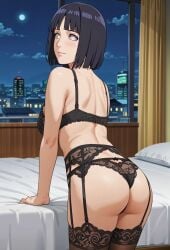 1girls ai_generated back_view big_ass byakugan from_behind hyuuga_hinata large_ass large_breasts light-skinned_female light_skin lingerie mature_female naruto_(series) short_hair slightly_chubby