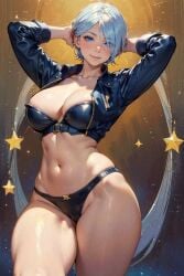 1girls ai_generated angel_(kof) big_breasts blue_eyes boots busty cameltoe enjidifussion female jacket king_of_fighters latex leather light-skinned_female light_skin pale-skinned_female pale_skin panties short_hair thick_thighs thighs voluptuous voluptuous_female white_hair wide_hips