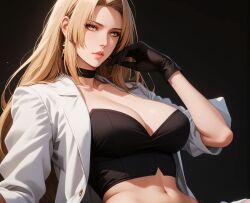 1girls ai_generated belly_button blonde_hair labcoat large_breasts light-skinned_female light_skin long_hair looking_at_viewer lorraine_vivie midriff navel shu