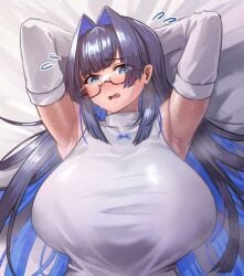 1girls arm_up armpits arms_behind_head arms_up bare_shoulders bed_sheet blue_eyes blue_hair blush bow breasts breasts_day colored_inner_hair detached_sleeves female freeze-ex glasses good_breasts_day hair_between_eyes hair_intakes hololive hololive_english huge_breasts large_breasts long_hair looking_at_viewer lying multicolored_hair official_alternate_costume on_back on_bed open_mouth ouro_kronii ouro_kronii_(casual) shirt sleeveless sleeveless_sweater smile solo sweat sweater turtleneck upper_body virtual_youtuber white_shirt white_sleeves white_sweater