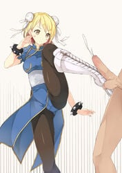 adosan_(horaizon1211) ballbusting blonde_hair bondage boots brown_eyes chun-li_(cosplay) cock_and_ball_torture cosplay crotch_kick cum djeeta_(granblue_fantasy) double_bun ejaculation female fully_clothed granblue_fantasy human kicking male pantyhose penis short_hair solo_focus straight street_fighter testicles white_boots