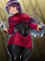 1girls 5_fingers alternate_breast_size big_breasts black_bodysuit black_legwear bodysuit breasts cowboy_shot curvy dominatrix eyebrows female female_only femdom fully_clothed gloves gym_leader hair hips human large_breasts long_hair looking_at_viewer nonohachi pantyhose png pokemon purple_hair red_eyes sabrina_(pokemon) shiny shiny_clothes shiny_hair smile solo standing thighs toned tugging_whip whip white_gloves wide_hips