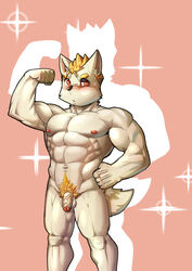 1boy abs anthro balls biceps big_muscles black_nose blonde_hair canine flaccid flexing fur hair hand_on_hip humanoid_penis husky_(artist) looking_at_viewer male male_only mammal muscular nipples nude orange_hair pecs penis pink_background pubes red_eyes simple_background solo standing tan_fur uncut vein veiny_penis white_fur white_sclera