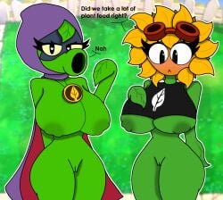 2girls big_breasts cloak english_text female flora_fauna green_shadow_(pvz) heart heart-shaped_pupils leaf looking_at_viewer peashooter_(pvz) plant plant_girl plants_vs_zombies plants_vs_zombies:_heroes pussy solar_flare_(pvz) sunflower_(pvz) verdoshonsfw