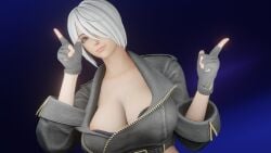 1girls 3d angel_(kof) areola_slip areolae big_breasts blue_eyes busty female guakghad hands_up jacket king_of_fighters leather light-skinned_female light_skin looking_at_viewer one_eye_covered one_eye_obstructed pale-skinned_female pale_skin pointing short_hair smile smiling_at_viewer voluptuous voluptuous_female white_hair white_skin