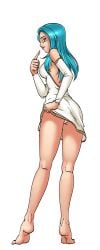 aqua_hair arcana_(hentai_heroes) ass barefoot blue_eyes blue_hair breasts cg clothes_lift detached_sleeves dress dress_lift female full_body hentai_heroes jaina_proudmoore lipstick long_hair looking_back makeup medium_breasts official_art panties pantyshot parody sideboob simple_background solo standing tiptoes underwear white_background white_panties