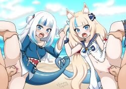 2boys 2girls beach blonde_hair cat_ears clothing cum cum_in_pussy cum_in_pussy exhibitionism female female_focus fish fish_girl fish_tail fishgirl foursome gawr_gura hololive hololive_english hololive_myth long_hair penis public public_nudity public_sex pussy sameko_saba sea seaside sex shark shark_tail sharp_teeth small_breasts vampy_squid virtual_youtuber vtuber white_hair