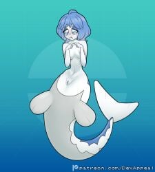 blue_eyes blue_hair bodily_fluids breasts dex_appeal female fin fish generation_7_pokemon genitals hair hi_res humanoid marine merfolk nintendo nude pokemon pokemon_(species) pokemorph simple_background slim solo split_form tail tail_fin tears white_body wishiwashi wishiwashi_(solo_form)