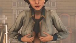 3d big_breasts bioshock bioshock_infinite blue_eyes breasts brown_hair busty choker cleavage dinoboy555 elizabeth_comstock female female_focus female_only hourglass_figure large_breasts light-skinned_female light_skin long_hair open_shirt pinup pinup_pose ponytail pose posing shirt solo tagme undressing wide_hips