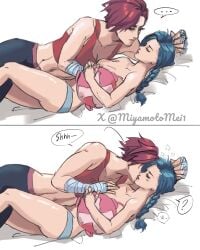 2d 2d_(artwork) 2girls abs arcane arcane_jinx arcane_vi athletic_female blue_hair breasts dialogue english_text female female_only groping_breasts incest jinx_(league_of_legends) kissing league_of_legends lesbian miyamotomei1 muscular_female panties pink_hair siblings sister sisters sleeping topless vi yuri