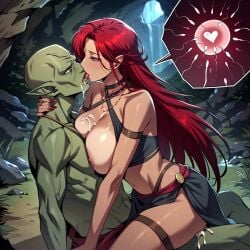 ai_generated athletic_female cave cowgirl_position cum cum_inside embrace exposed_breasts goblin impregnation interspecies kissing kissing_while_penetrated large_breasts long_hair manhwa monster pony_diffusion_xl rape red_eyes red_hair serena_(the_wizard's_restaurant) the_wizard's_restaurant