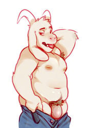 1boy 2d anthro anthro_male anthro_only asriel_dreemurr asriel_dreemurr_(god_form) caprine chubby clothed clothing furry furry_male furry_only glitter_trap_boy goat half-dressed humanoid humanoid_male humanoid_only male male_only mammal mammal_humanoid nipples penis pubes solo tongue tongue_out topless undertale undertale_(series) undressing video_games