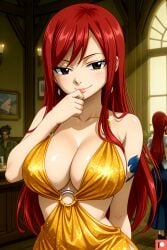 ai_generated big_breasts blush brown_eyes dress dressed dressed_up earrings erza_scarlet fairy_tail female hair_down hand_to_own_mouth happy indoors long_hair looking_at_viewer modakawa_dress o-ring_dress o_ring omega_weirdo patreon pov red_hair seductive seductive_look seductive_smile smile tattoo