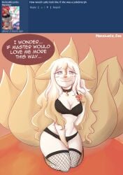 absurd_res anthro blush blush_lines clothing collar e621 english_text female fishnet_clothing fishnet_legwear generation_1_pokemon hair hi_res kneeling latte_(macchiato_fox) legwear lingerie long_hair macchiato_fox ninetales nintendo pokemon pokemon_(species) pokemorph solo speech_bubble text