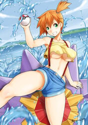 breasts cleavage cloud crop_top female green_eyes grin gym_leader holding human human_only janong legs looking_at_viewer midriff misty_(pokemon) navel nintendo no_bra orange_hair poke_ball pokemon pokemon_rgby short_hair shorts side_ponytail sky smile solo starmie suspenders teeth underboob water