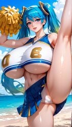 1girls 2024 ai_generated alternate_breast_size armpits big_breasts blue_hair blue_skirt breasts candy_blue_hair cheerleader cheerleader_outfit cheerleader_uniform cleavage daytime female female_only flexible huge_breasts jiuyang-hsien kneepits large_breasts league_of_legends leg_up light-skinned_female light_skin matching_hair/eyes midriff miniskirt navel obliques one_leg_up outdoors panties pantyshot pantyshot_(standing) pink_lips pleated_skirt pom_poms sea seaside skirt sky solo sona_buvelle standing twintails two_tone_skirt underboob upskirt vertical_splits waves yellow_pom_poms