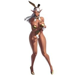 3d 3d_model alternate_costume arm_under_breasts bunny_ears bunnysuit dark-skinned_female dark_skin elf elf_ears elf_female fake_animal_ears fit fit_female full_body game_cg heels hi_res highres horizon_walker huge_breasts kalina_(horizon_walker) large_breasts legs lips lipstick long_hair official_art pointy_ears simple_background tall_female thick_thighs thighs white_hair wide_hips yellow_eyes