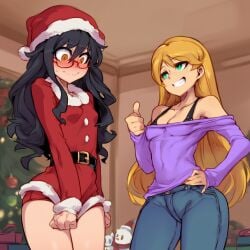 1girl1futa ambiguous_gender christmas_outfit hiding_erection parahumans short_skirt tattletale_(worm) taylor_hebert theshadowmind thumbs_up wildbow