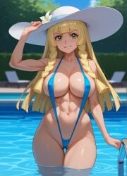 1girls ai_generated big_breasts female game_freak lillie_(pokemon) nintendo pokemon pokemon_sm sling_bikini slingshot_swimsuit solo xvqa