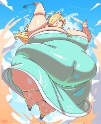 1girls artist_signature bbw blonde_hair blue_eyes cleavage cloud crown double_chin dress fat fat_arms fat_female fat_fetish fat_legs floating gigantic_ass gigantic_belly gigantic_breasts gigantic_thighs hair_over_one_eye high_heels hyper_fat long_hair mario_(series) morbidly_obese morbidly_obese_female navel_visible_through_clothes obese obese_female princess princess_rosalina smile ssbbw super_mario_galaxy wand whatyoudeserved