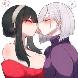 2girls angry big_breasts black_hair breasts female female_only fiona_frost huge_breasts kissing large_breasts milf multiple_girls rikuguma spy_x_family white_hair yor_briar yuri