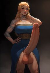 ai_generated belt big_balls big_breasts big_penis blonde_hair blue_dress blue_eyes clothing erection futanari god_of_war hand_on_hip hand_on_neck highres huge_breasts huge_cock large_penis self_upload sif_(god_of_war) small_waist standing supermanson tattoo thick_thighs veiny_penis wide_hips