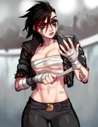 1girls abs arcane arcane_brawler_vi arcane_vi bandage bandages bandaid black_hair blue_eyes blushypixy breasts face_tattoo female female_only jacket league_of_legends makeup muscular_female piercing riot_games runny_makeup solo tattoo thick_thighs thin_waist underboob vi vi_(league_of_legends)