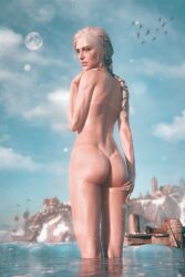 3d ass back_view bathing braid bubble_butt cd_projekt_red ceeeeekc ciri completely_nude female flat_ass freckles green_eyes kovir light-skinned_female looking_at_viewer looking_back nude outdoors scar sea solo solo_female tanline the_witcher_(series) the_witcher_4 white_hair