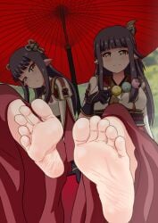 2girls barefoot feet feet_fetish feet_focus foot_fetish foot_focus hinoa minoto nush_advance smiling_at_viewer soles toes wrinkled_feet