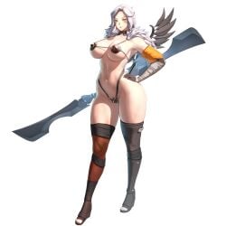 3d 3d_model alternate_costume amazon armor bikini_armor braided_hair facial_markings fake_wings feet fit fit_female game_cg gloves hand_on_hip hi_res highres horizon_walker huge_breasts large_breasts legwear light-skinned_female light_skin lips lipstick long_hair mature mature_female muscular muscular_female navel no_bra no_panties official_art olsa_(horizon_walker) simple_background solo solo_female thick_thighs thighs weapon white_hair yellow_eyes